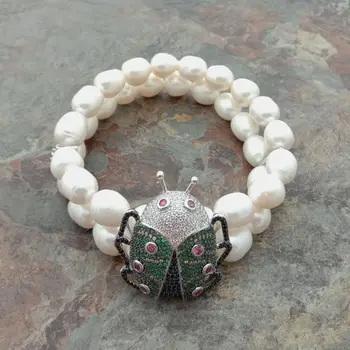

2 Rows White Rice Pearl Cz Pave Beetle Bracelet