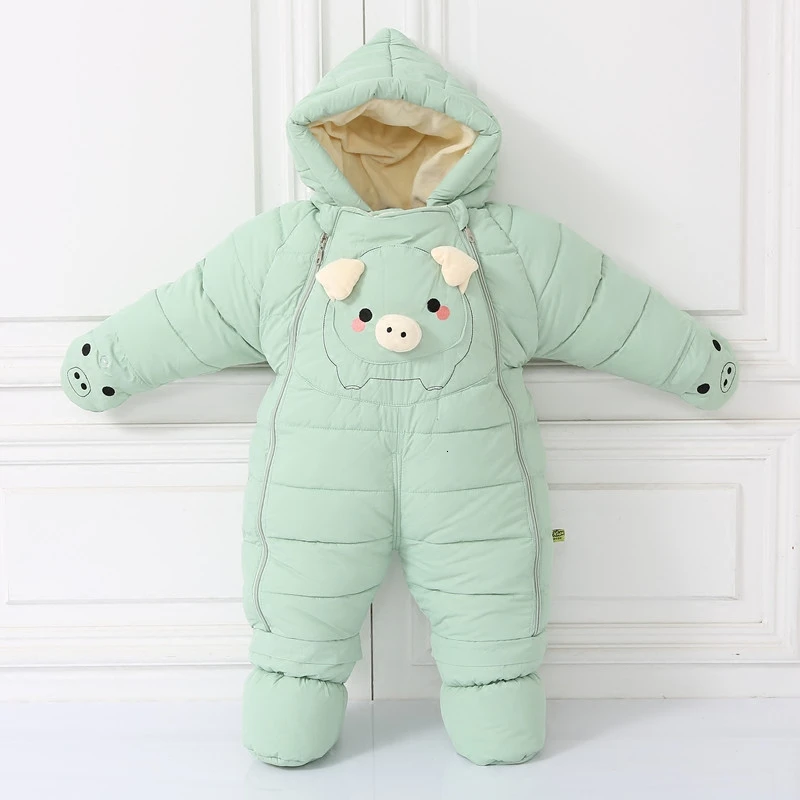 Теплый зимний детский костюм для мороза до-30 градусов Одежда для девочек г. Стильные комбинезоны для новорожденных мальчиков, комбинезоны с рисунком льва для младенцев - Цвет: pig green
