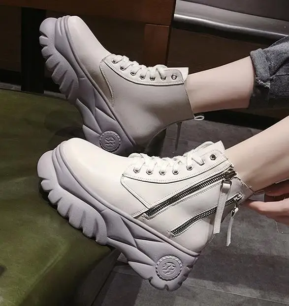 Women Ankle Boots Platforms Shoes Woman 7CM High Heels Thick Bottom Zipper Boots High Top Sneakers 34-39