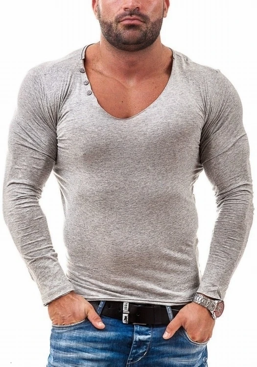 Moomphya, Мужская футболка с глубоким низким вырезом, облегающая одноцветная футболка с длинным рукавом, Мужская Хип-уличная одежда длиной до бедер, футболка, camisetas hombre