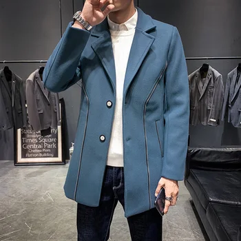 

2019 autumn windbreaker men's long section Korean version of the trend handsome woolen coat winter men's trend woolen coat