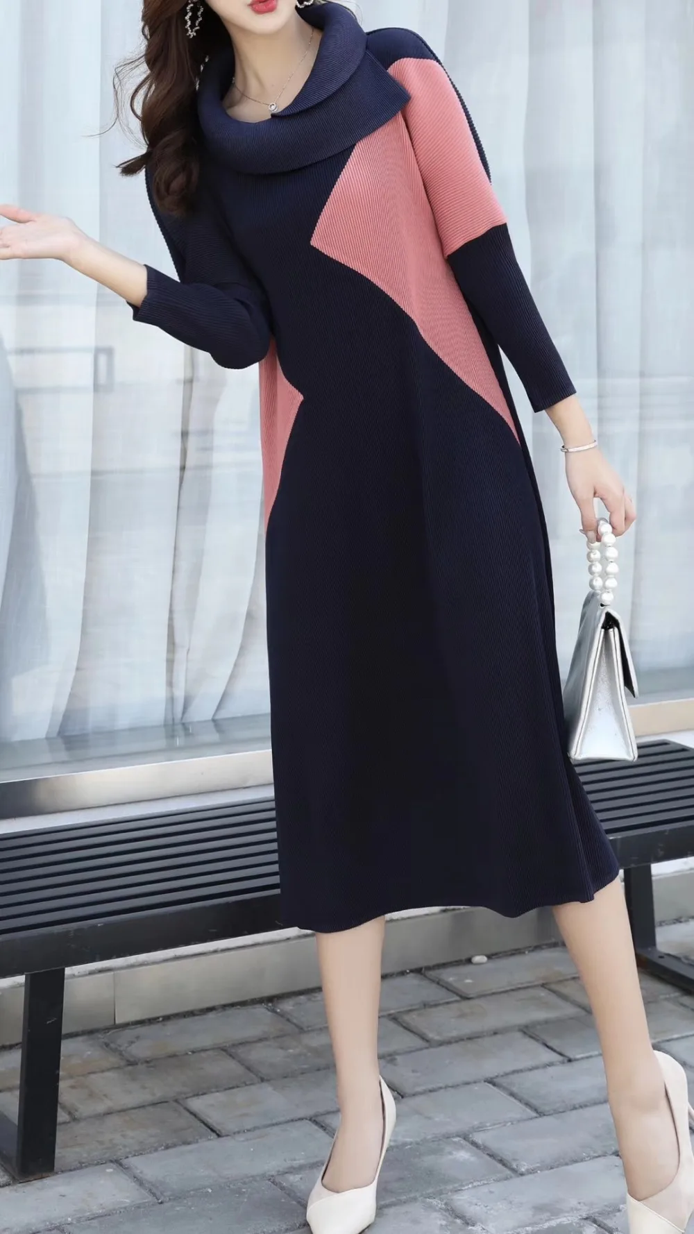 Горячая Miyake модное складное платье в стиле пэчворк с отложным воротником ТРАПЕЦИЕВИДНОЕ ПЛАТЬЕ доступно