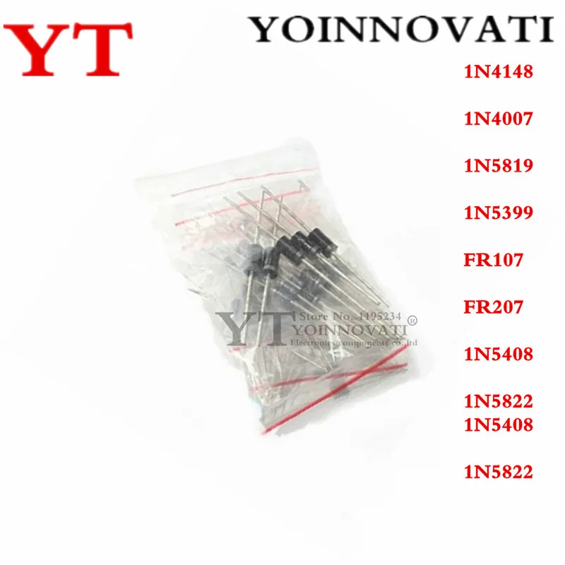 

1N4148 1N4007 1N5819 1N5399 1N5408 1N5822 FR107 FR207,8values=100pcs,Electronic Components Package,Diode Assorted Kit