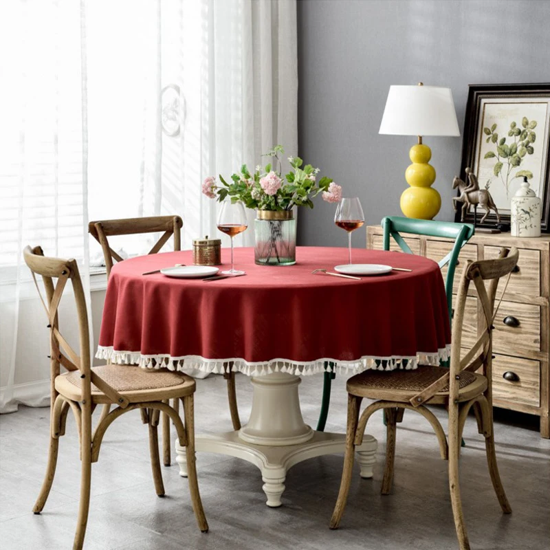 

Nordic waterproof pure color color imitation cotton and linen tassel lace round table coffee table tablecloth tablecloth