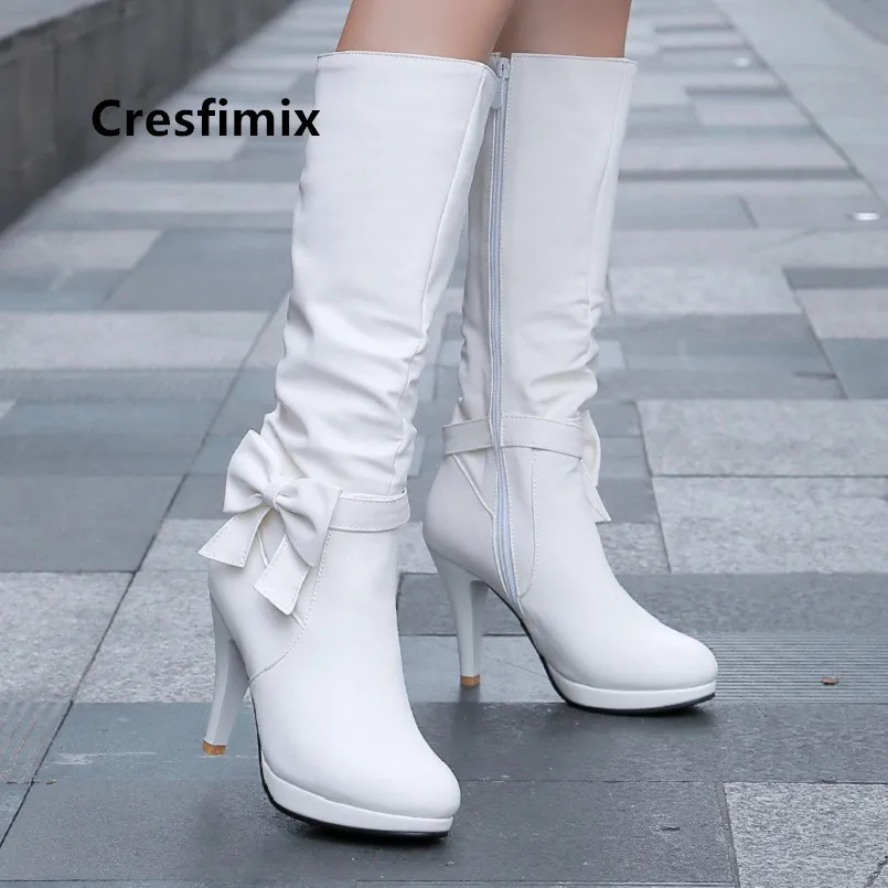 Cresfimix/модные женские ботинки с острым носком и бантом; галстук высшего качества; белые ботинки из искусственной кожи на высоком каблуке; женские стильные зимние ботинки; B6062