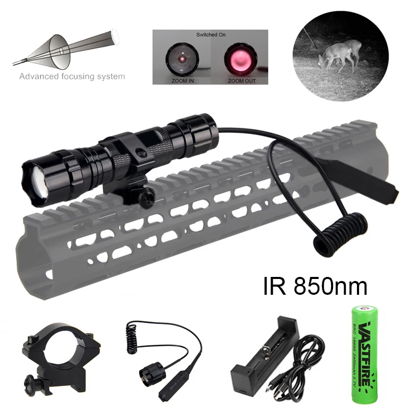 

850NM Torch 5W Zoomable LED IR Infrared Vision Hunting Night Flashlight Tactical Flash light+Gun Mount+Switch+Charger+18650