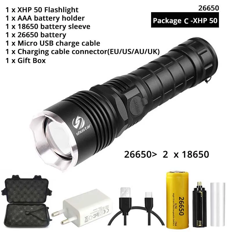 XHP50-PackageC-26650 Мощный XHP70.2 светодиодный фонарик масштабируемый 3 режима освещения Водонепроницаемый тактический светодиодный фонарь, используемый для охоты, приключений и т. д - Испускаемый цвет: XHP50-PackageC-26650
