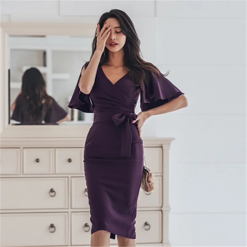 

2019 Summer Party Dress Women Elegant Purple V-Neck Batwing Sleeve Slim Pencil Dress Bodycon Formal Dress