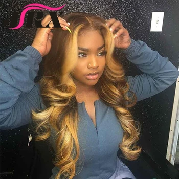 

Brazilian Remy Hair Lace Front Wig Wavy Ombre Blonde Highlights Color 180% Density 13by4 13by6 Lace Pre Plucked For Black Women