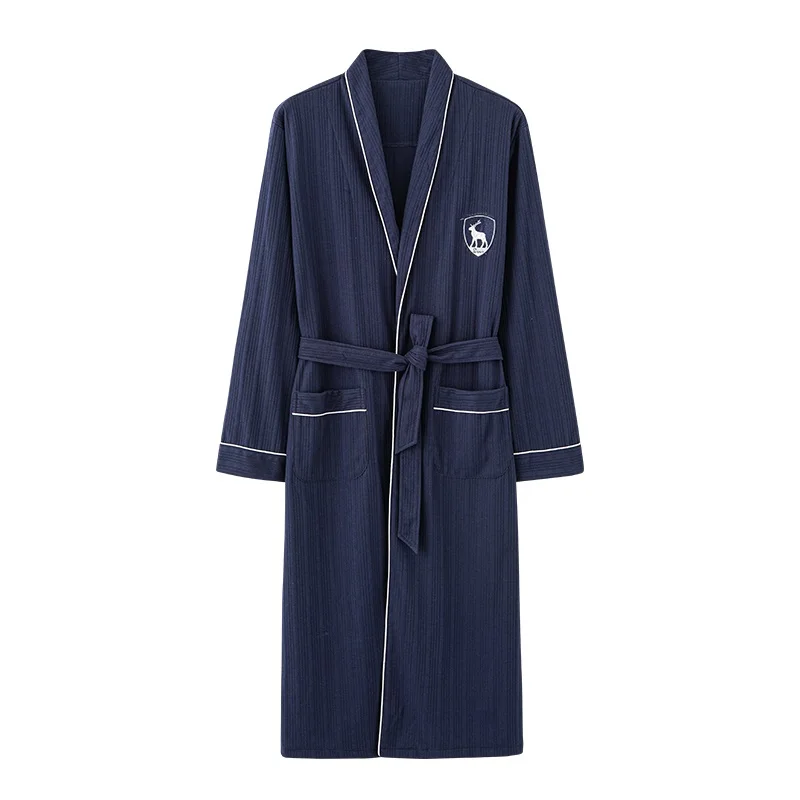 silk pajamas Men's autumn full cotton robes big yards M-4XL solid color bathrobes morning house coat medium long spring nightgown spa kimono mens cotton pjs