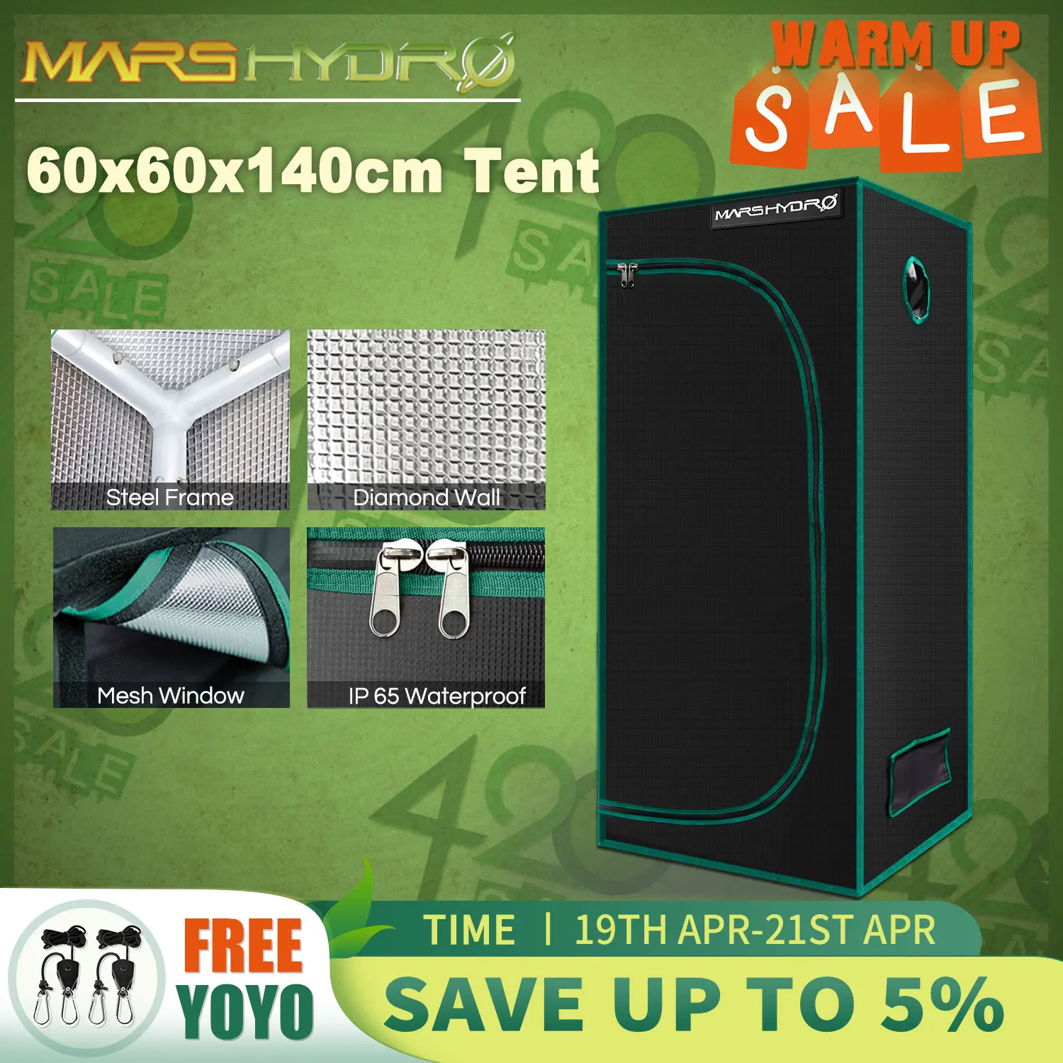 MarsHydro 1680D 60x60x140cm Grow Tent Diamond Reflective Mylar Indoor Hydroponics Grow Tent (24''x24''x55'')