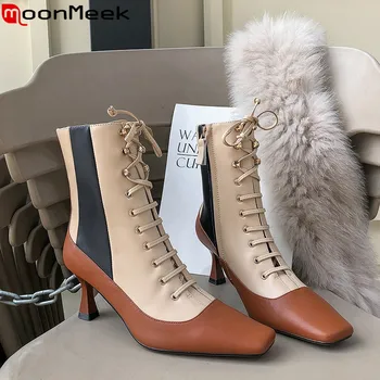 

MoonMeek 2020 new ankle boots square toe zip genuine leather boots high heels shoes mixed colors autumn winter boots women