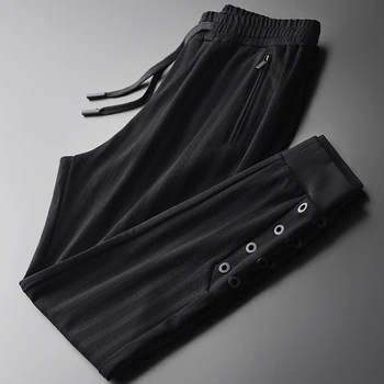 

Autumn And Winter Pants Luxury Metal Eyelet Thick Mens Trousers Plus Size 4xl Elastic Waist Slim Black Pant Man