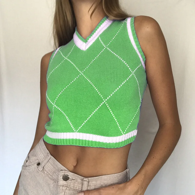 

Free Shipping Contrast Color Line Diamond Lattice V-neck Three Tank Tops Women's Fashion Trend Show Navel Sexy Sportswear