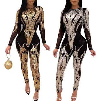 

Vintage Sequins Jumpsuits Fashion Glitter Sequined Long Sleeve Skinny Romper Bodysuit Sexy Club Mesh Jumpsuit Overalls