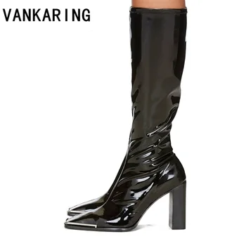 

brand fashion embossed leather womens knee high boots pointed toe western cowboy boots thick high heel motorcycle boots big size