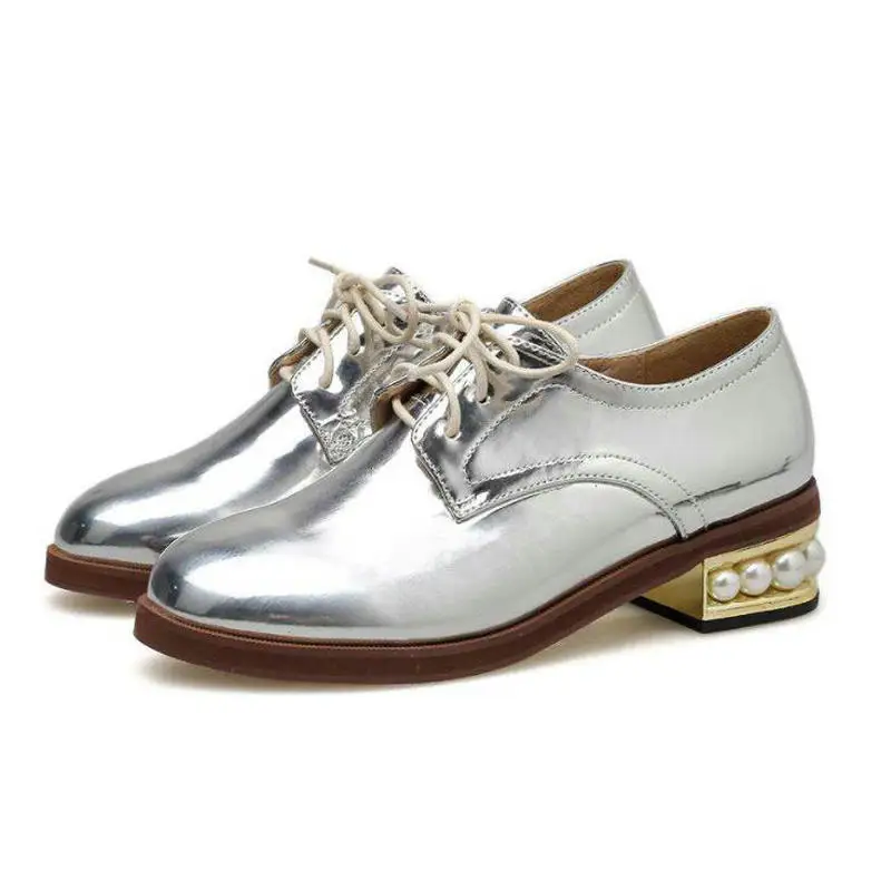 Gold Silver Women Shoes Vintage British Wind Round Head Lace-up Pearl Thick Heel Patent Leather Women's Single Shoes - Цвет: silver