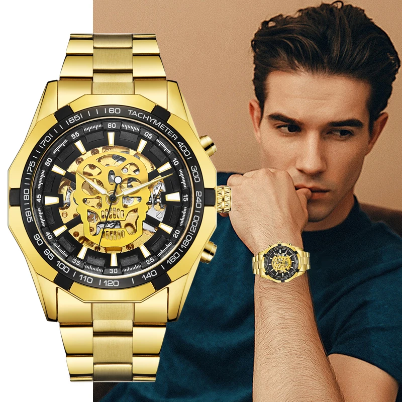 

WINNER Steampunk Skull Watch Men's 3D Rotating Sports Watch Golden Stainless Steel Gift relogio masculino Brand Business Clock