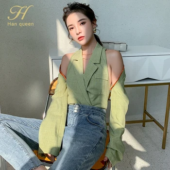 

H Han Queen Two-piece Suit Off Shoulder Top Office Ladies Women Blazer Double Breasted Autumn Jacket Casual Female Suits Coat