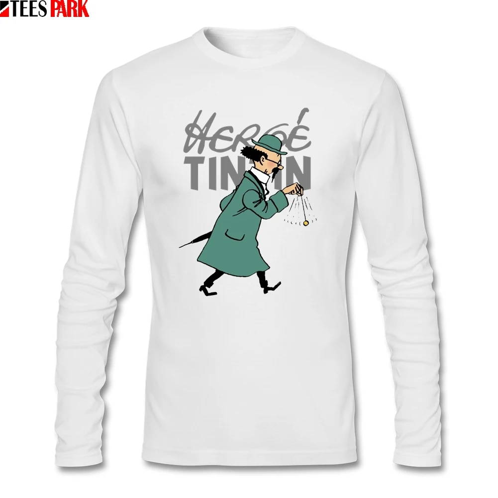 Herge Tintin комическая Футболка мужская Осенняя хлопковая футболка с длинными рукавами Мужская одежда сумасшедшие футболки абстрактный Топ - Цвет: Белый
