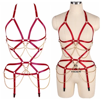 

New Style Full Body Harness Bra Top Cage Metal Chain Waist Garter Belts Sexy Gothic Lingerie Set Fashion Party Rave Wear Adjust