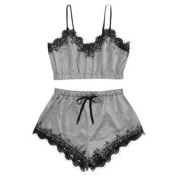 

Sexy Summer Lace Pajamas Sleepwear Satin Cami Top + Shorts Pajamas Sets Nightwear for Women Sleeveless Spaghetti Strap Pyjamas