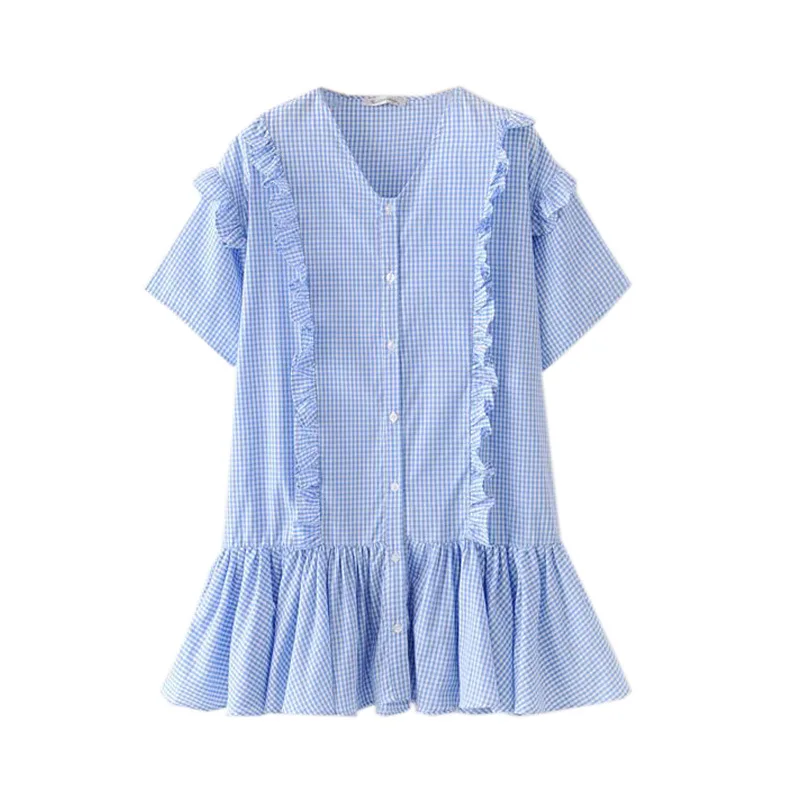 

New Style WOMEN'S Dress Fresh Flounced Plaid Scheming Shirt Skirt Sense of Design Fairy Dress Summer