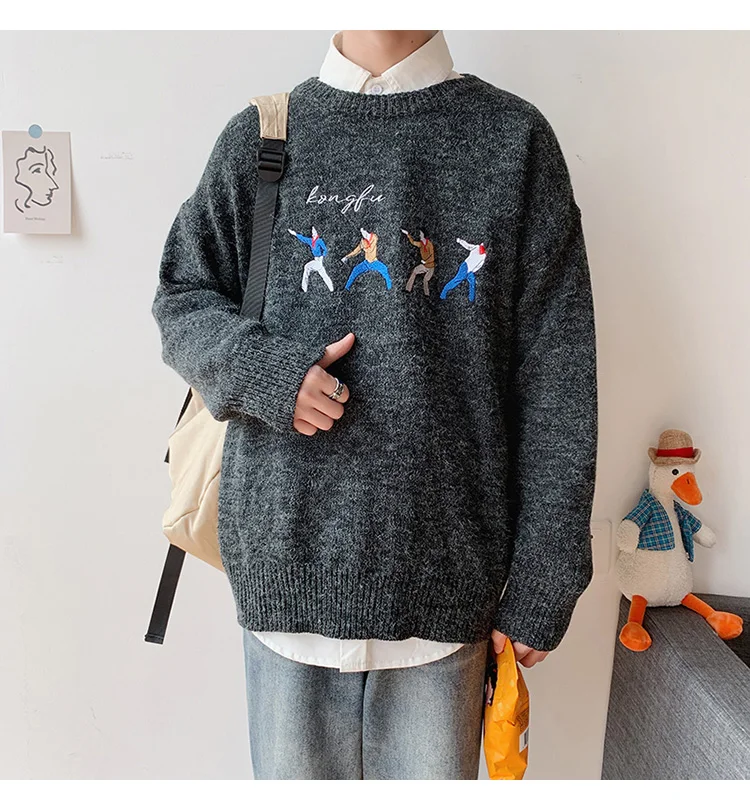 Autumn New Cartoon Men's Sweater Ins Hong Kong Sweaters Long Sleeve O-neck Korean Loose Thick Male Sweaters Sueter De Hombre