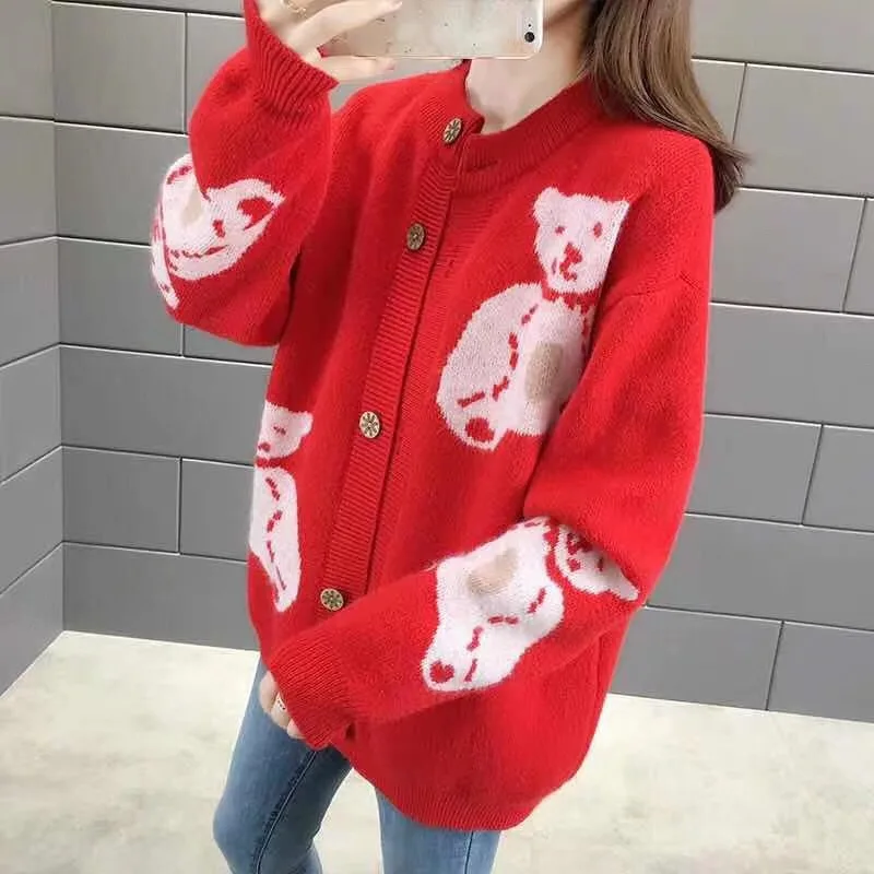 Kawaii, вязаный кардиган с принтом медведя, Женский Повседневный однобортный джемпер, Осень-зима, свободный свитер, топы для женщин