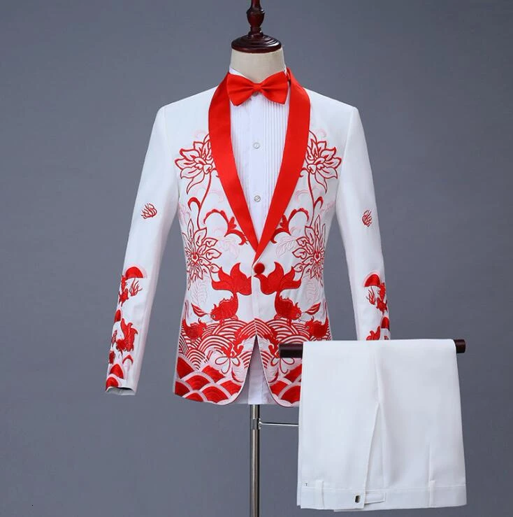 PYJTRL мужские модные золотые костюмы с вышивкой белое черное красное платье для выпускного вечера сценические костюмы певцов свадебный смокинг жениха куртка с брюками - Цвет: White red