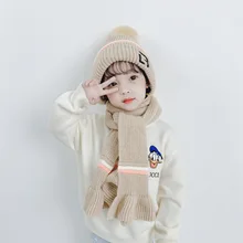 One Piece Hat for Children in Winter with Fluffy Ball Knitted Hat Scarf One-piece Set for Travel to Keep Warm
