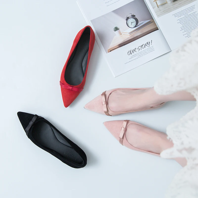 Brand Girls Ladies Pink Shoes Bridesmaid Flats Wedding Loafers Bowtie Ballerinas Women Big Size Flats Pointed Toe Velvet Loafers 4