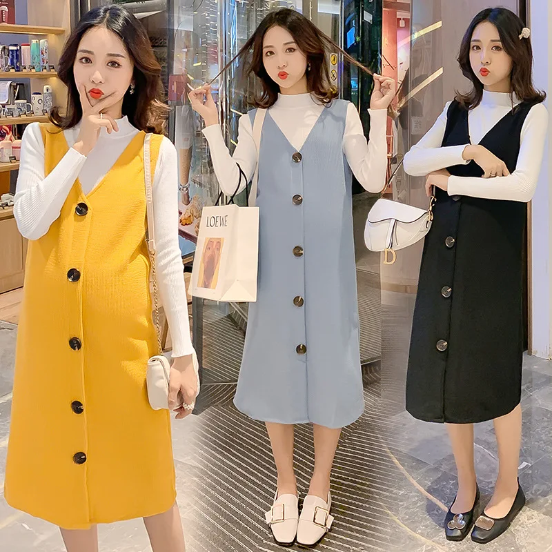 

Maternity Clothes 2019 Autumn & Winter Korean-style New Style Pregnant Women Dress-Style High Collar Long Sleeve + Tank Dress Tw