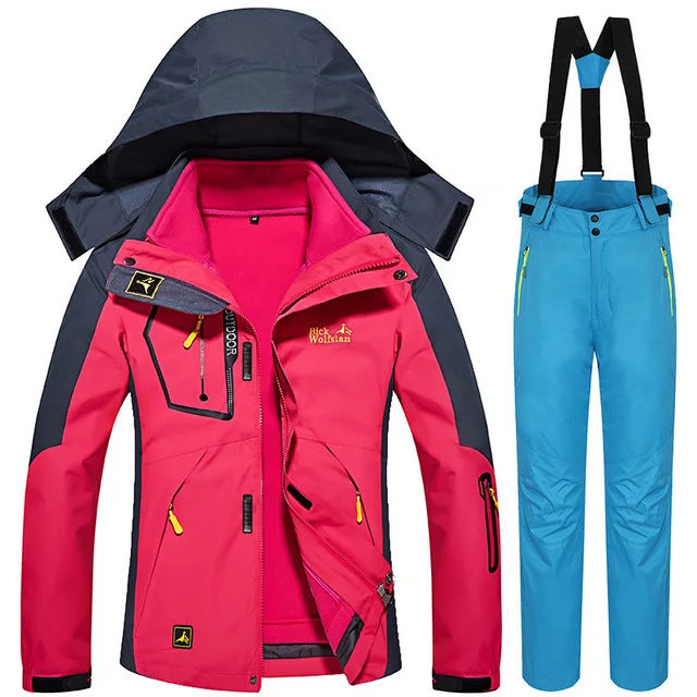 Зимние-30 градусов лыжные костюмы для женщин, для улицы, для снега, сноуборда, лыжные куртки и штаны, женские теплые водонепроницаемые комплекты одежды 3 в 1 - Цвет: Rose Sky blue