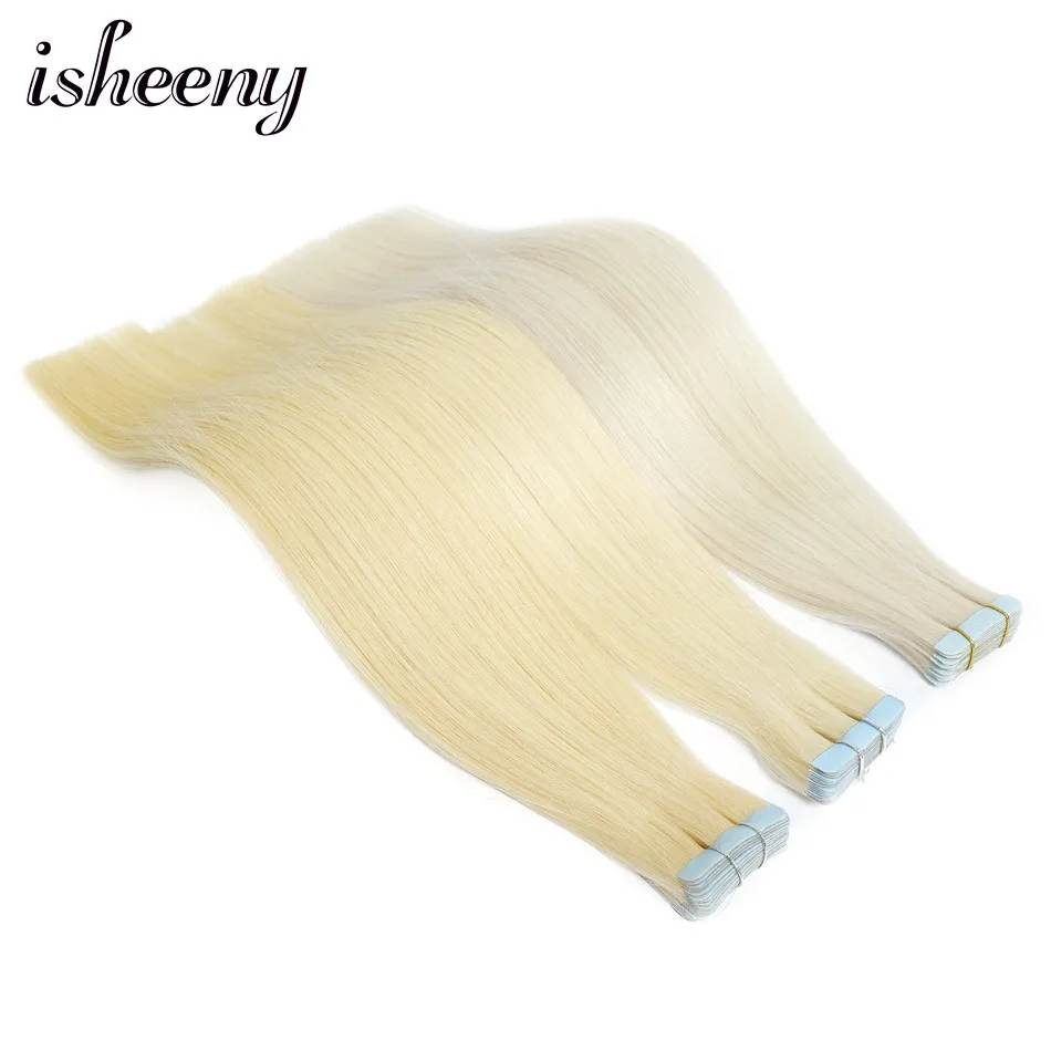 Isheeny 16 дюймов бесшовные Remy ленты в человеческих волос Расширение блонд невидимая лента на волосы прямой салон стиль
