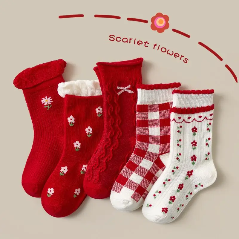 Children's Socks Autumn Winter Cotton Tube Socks Three-dimensional Jacquard 5 Pairs/Lot