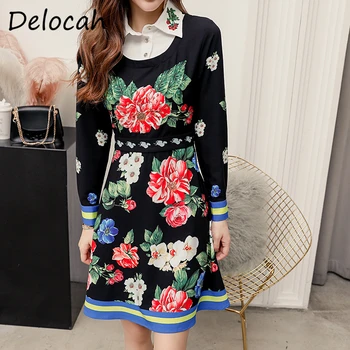 

Delocah Women Autumn Fashion Runway Party Midi Dress Crystal Beading Sequined Long Sleeve Floral Print Ladies A-Line Dresses