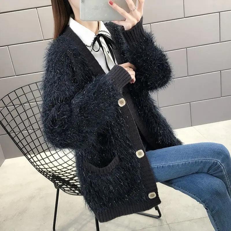 

Black Faux Fur Winter Autumn Women Sweaters Trendy Furry Plush V-Neck Long Loose Korean Oversized Jacket Female Tops Overcoat