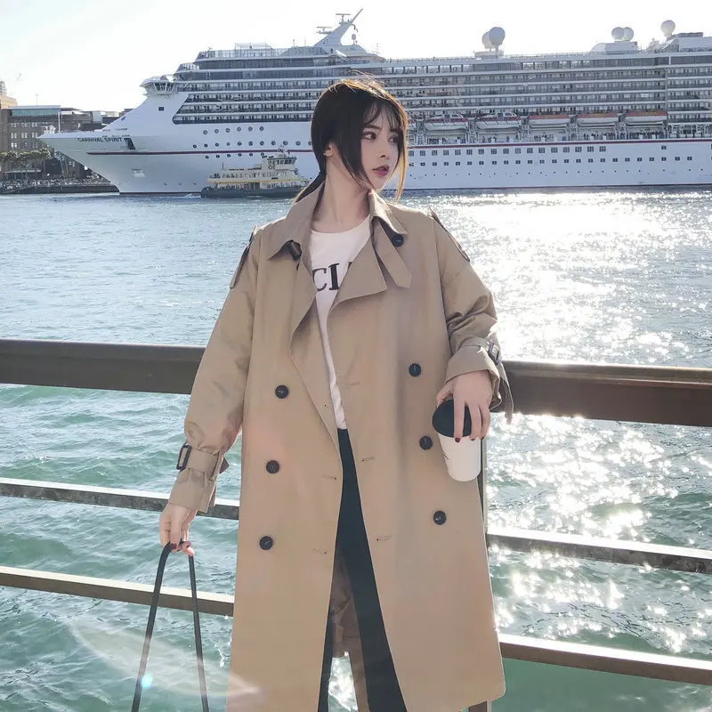 

Autumn and Winter Korean Version Trench Coat For Women New Loose Large Size Double Button Mid Waist Belt Long Coat