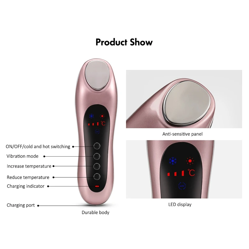 Gold Ultrasonic Electric Face Massager Vibrating Facial Skin Cold and Heat Ion Beauty Instrument for Face Beauty Care