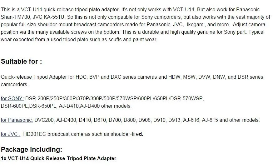 VCT-U14 video Quick Release QR L Plate/Bracket Holder Grip tripod adapter for Sony XDCAM DVCAM HDCAM