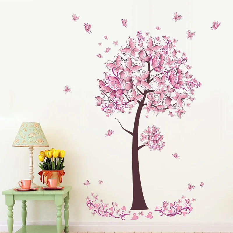 Pink Butterfly Flower Wall Sticker Bedroom Living Room Background