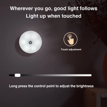 

Adjustable Brightness Atmosphere Home Decor Kids Room Touch Control LED Night Light Cabinet Easy Install Round USB Rechargeable