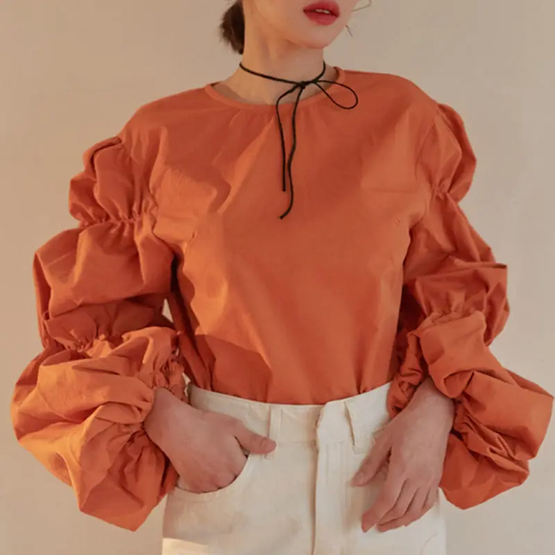 RICININA, женские блузки с длинным рукавом,, с пышными рукавами, однотонные, корейские, повседневные, шикарные, винтажные рубашки, женские, длинная рубашка, Blusas, Осенние