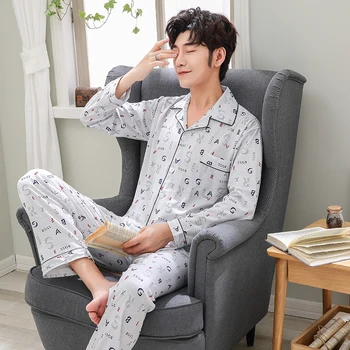 

Men Sleepwear Comfy Casual Pajama Set Long Sleeve Pants Cotton Home Clothing Lapel Cardigan Letter Print Pajamas Men