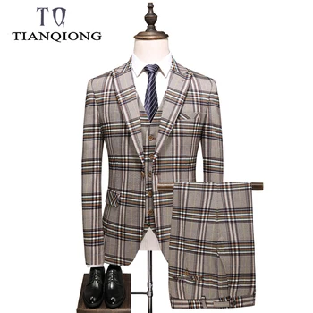 

TIAN QIONG Brand Khaki Suits Men 2020 Classic Check Fashion Casual 3 Piece Suit for Wedding Dress Groom Prom Suits