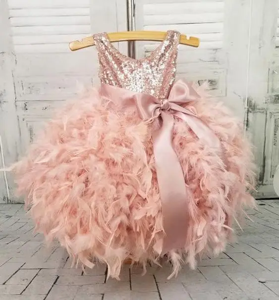 Lovely Pink Feather Girls Dresses Handmade Ruffle Bottom Luxury Dress Photography | Детская одежда и обувь