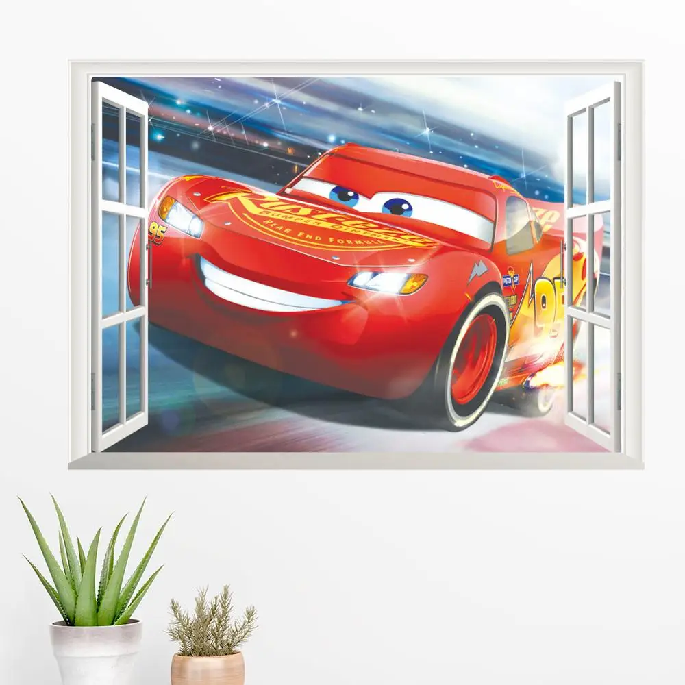 New Disney cartoon movie 3Dview Window Cars Lightning McQueen  wall sticker for kids room mural art Home decoration