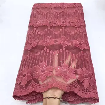 

Pink African Laces With Beads Stones Embroidered Nigerian Laces Fabric High Quality Dubai French Mesh Lace Fabric 5 Yards