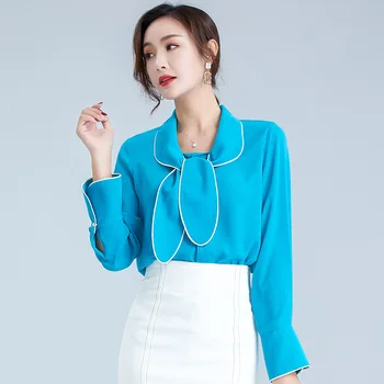 

2020 Women's lace-up contrast color scarf collar single-breasted chiffon shirt long sleeve non-elastic loose top women's